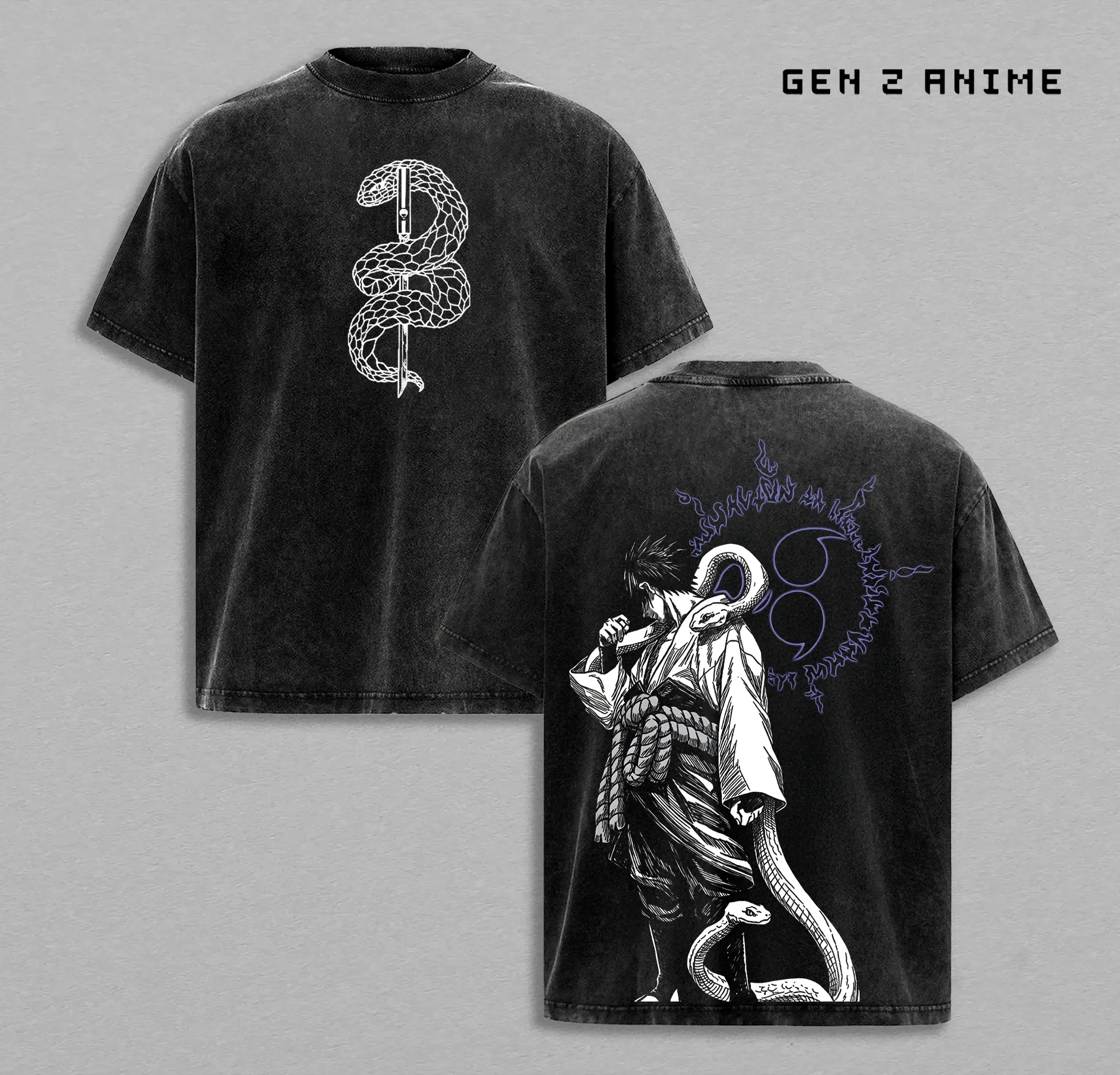Sasuke Uchiha Tee Naruto Anime Vintage Washed Oversized T Shirt, Anime Graphic Tee, Curse Mark Snake Power Streetwear, Double Sided Print Heavyweight Cotton, Gift for Anime Fans