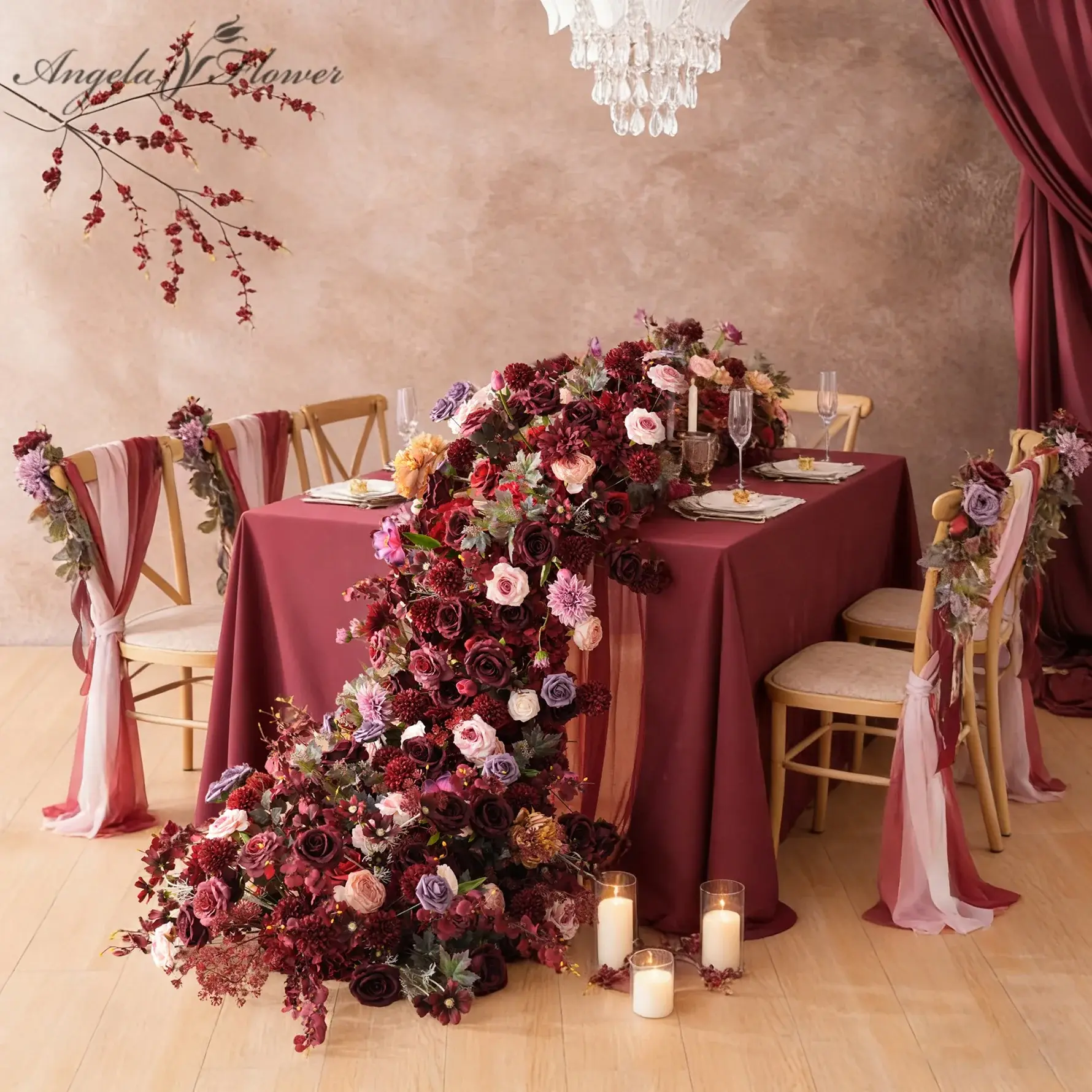 A9058 Series Burgundy Silk Floral Tapestry - 1 pc 7.54*2.62*1.96ft Runner, Home Decor Wedding Backdrop Hanging Supplies for Banquets