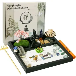 BangBangDa Zen Sand Garden Kit - Miniature Meditation Yoga Zen Garden with Wooden Sandbox Tray, Cherry Blossom Tree, Incense Holder & Rake Tool for Home Office Unique Mini Desk Decor