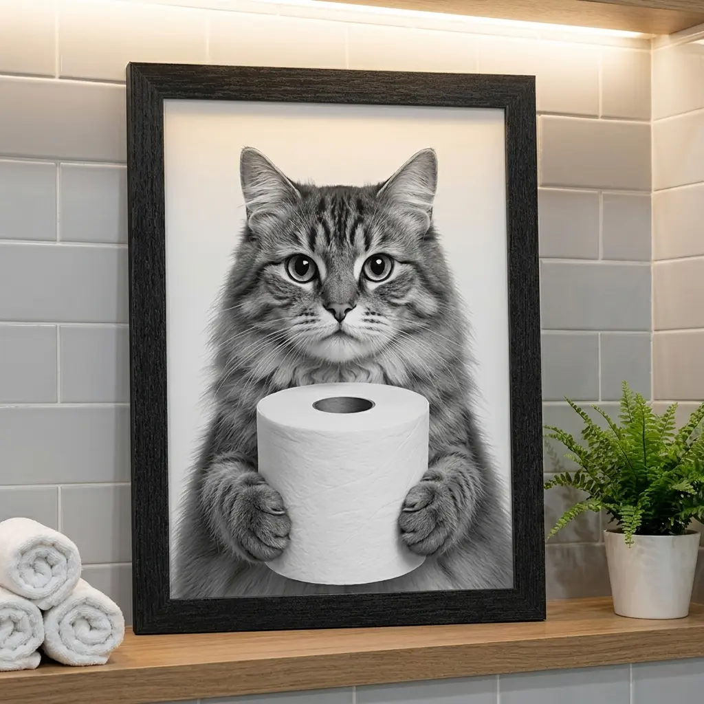 Playful Cat Bathroom Canvas Artwork - Cute Maine Coon Holding Toilet Paper, Practical and Entertaining Farmhouse Home Decor, Art Print, Unframed Print, Cat Lover Gift