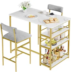 Dining Table Set for 2, 36" High Top Kitchen Table Set with 3 Storage Shelves 2 Bar Stools with Backrest, Space-Saving 2 Person Dining Table for Small Spaces Apartment Kitchen Table,