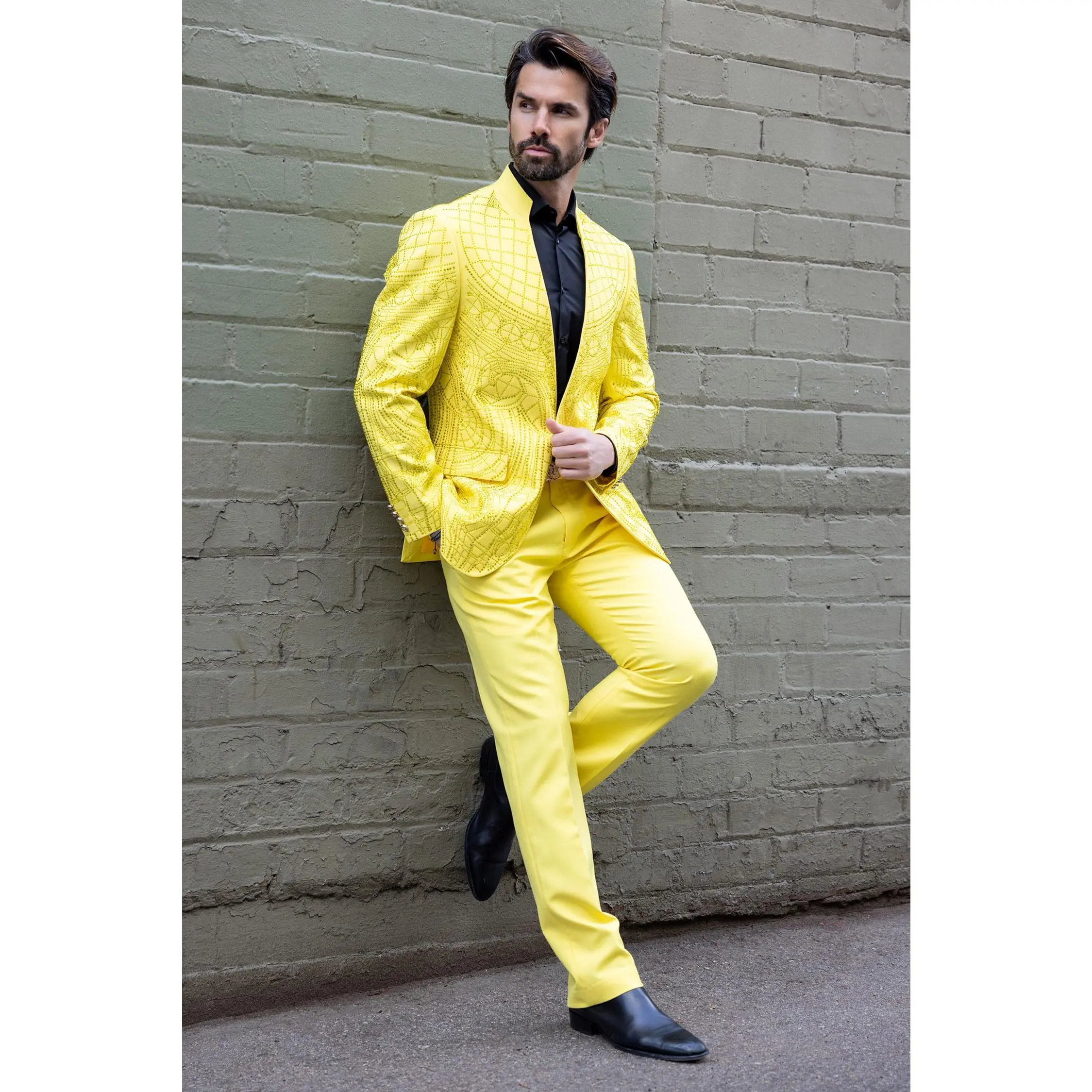 Dignified Mod Rhinestone Suit with Blazer, Formal Outfit, Stylish Design, Pockets, Yellow Color, and Black Trousers Geometric Set Menswear Fabric Viscose Long Sleeve