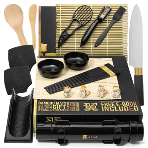 Alas Sushi Making Kit- Complete Sushi Making Kit for Beginners & Pros Sushi Makers, Perfect Sushi Making Kitchen Accessories Like Sushi Knife, 2 Sushi Mats, Rice Bazooka, Dipping Plate, & More (Black)