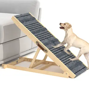 Dog Ramp for Bed with 7 Adjustable Heights, Folding Dog Car Ramp for Small, Large & Old Dogs with Non-Slip Surface & Strip, Wooden Pet Ramp for SUV, Car & Truck, Supports up to 150lbs