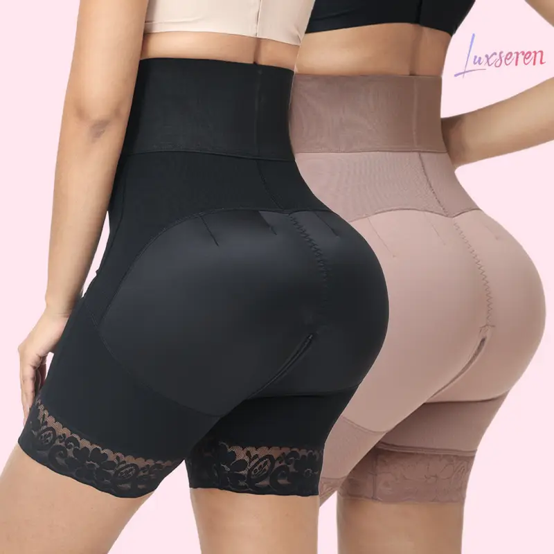 LUXSEREN Women's 2PCS Soft High-Waist Elastane Compression Faja Shapewear Boyshorts - Smooth Elegant Lace, 3-Row Crotch Closure, Adjustable Waist Trainer, Abdomen Flattener, Double Panel, Comfortable All-Season Minimalist Lingerie for Casual, Workout