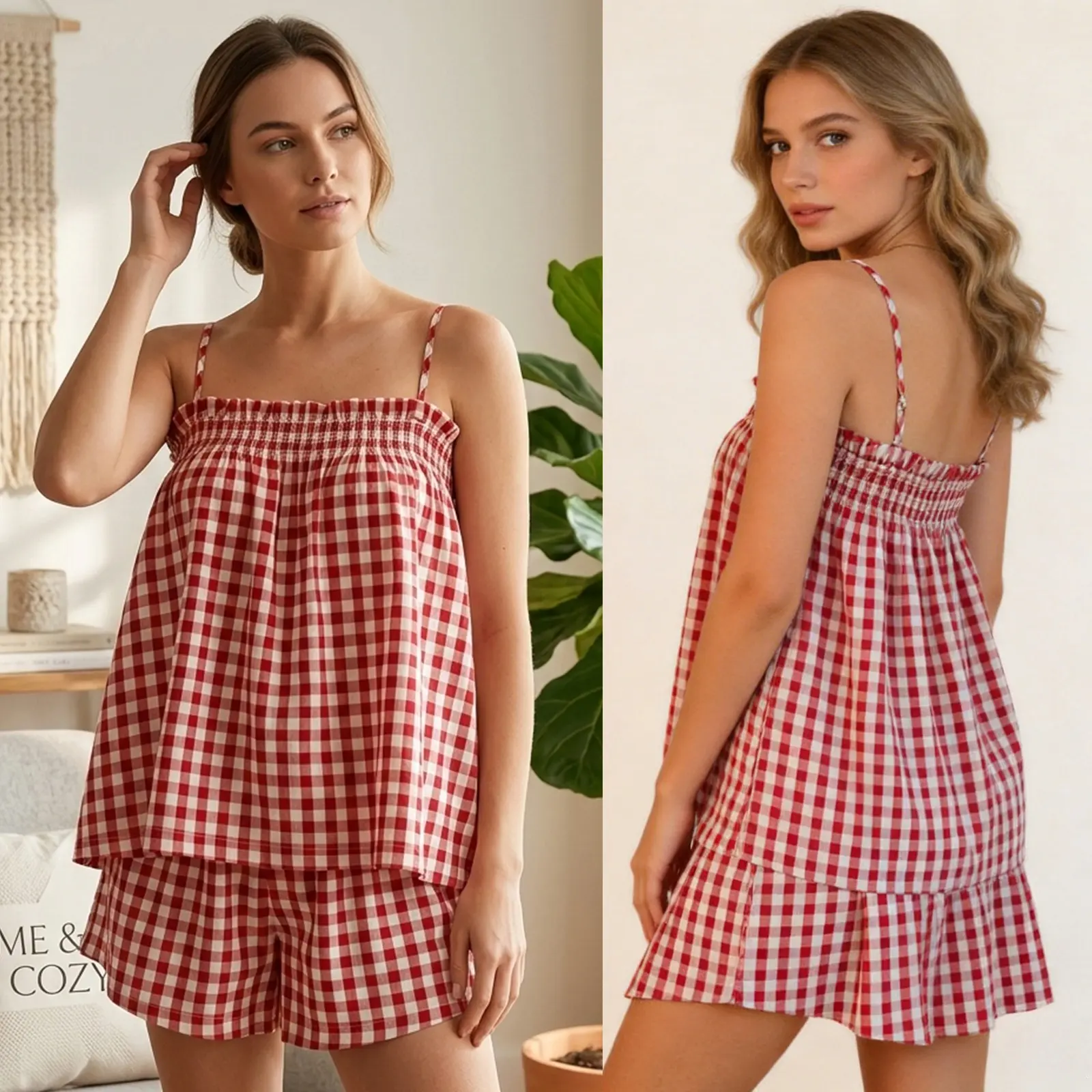 Women's 2-Piece Casual Lounge Set - Polyester Sleeveless Plaid Cami Tank Top & Wide Leg Shorts (Womenswear Clothing Set)