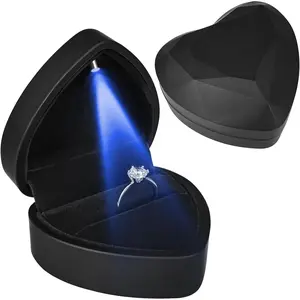 Heart Ring Box with LED Light, Luxury LED Lighted Engagement Ring Box,  Earrings  Case with Light,  Display Box for Wedding, Engagement, Proposal, Birthday and Anniversary-Black
