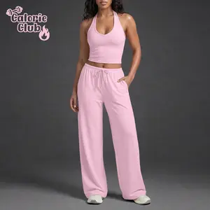 Calorie Club women’s quick-dry sports tank top, casual high-waisted flared pants, comfortable sporty style, solid color design suitable for all seasons