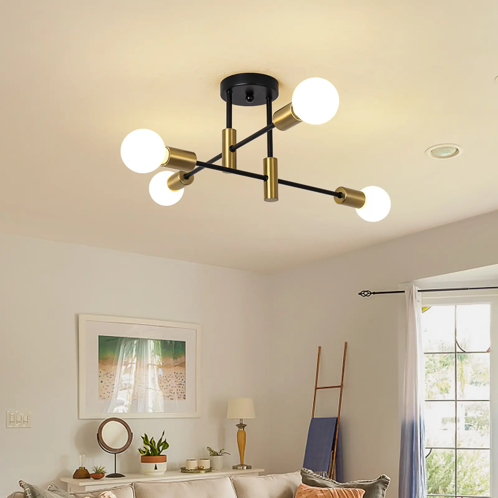 4-Light Mid Century  Rustic Black Gold Sputnik Chandelier, Industrial Semi Flush Mount Ceiling Light Fixture for Dining Room, Bedroom, Foyer