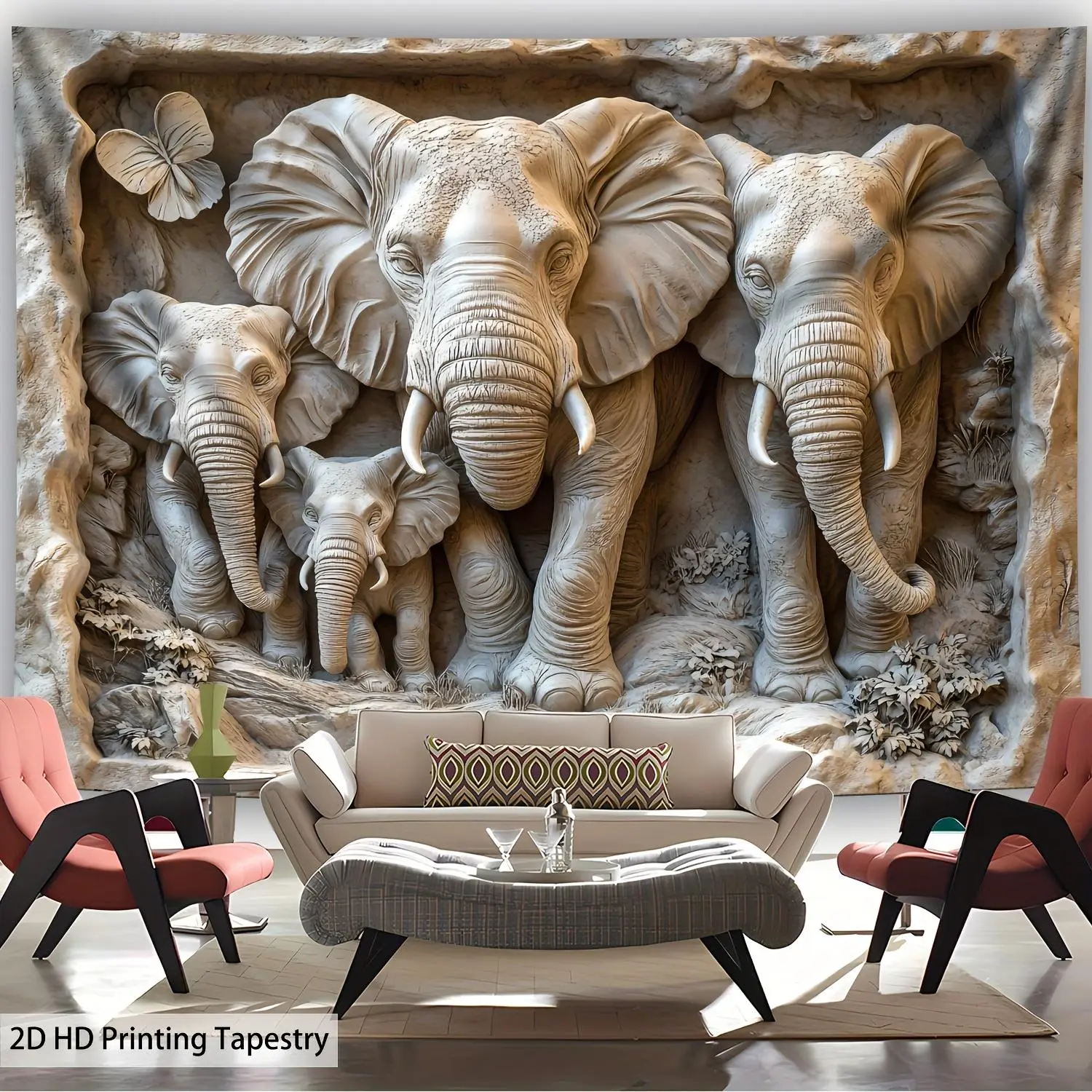 1-Piece Ultra Large Stone Carving Elephant Family Group Photo Tapestry - 2D Flat Printing, High Def Print, Wall Decor, Polyester, Home Decor Gift, Washable Safe, Free Hanging for Living Room Bedroom