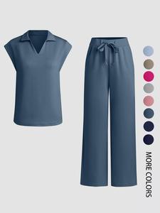 two-piece set women's solid tee & pants outfit set, casual top & wide leg trousers, ladies basic clothes for all seasons, womenswear, minimalist casual matching set