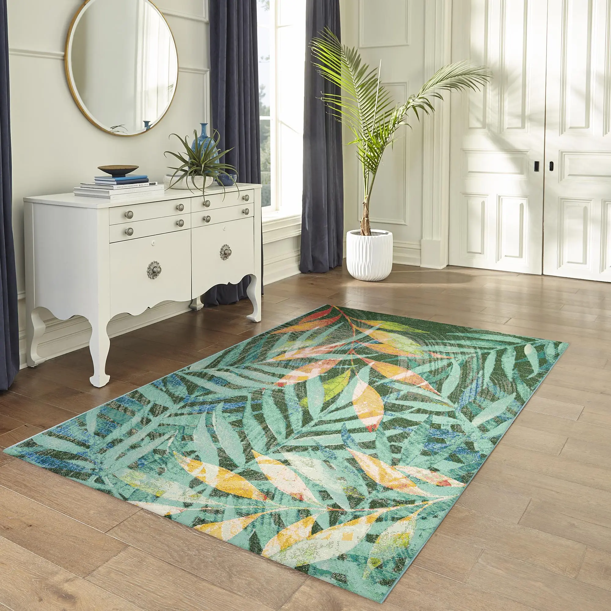 Lush Decor MARINA Indoor-Outdoor Power Loomed Synthetic Blend Low Profile Area Rug - Contemporary, Colorful Botanical Style, Coastal Charm, Garden-Inspired Leaf Print, Fade Resistant, Botanical Style Area Rugs