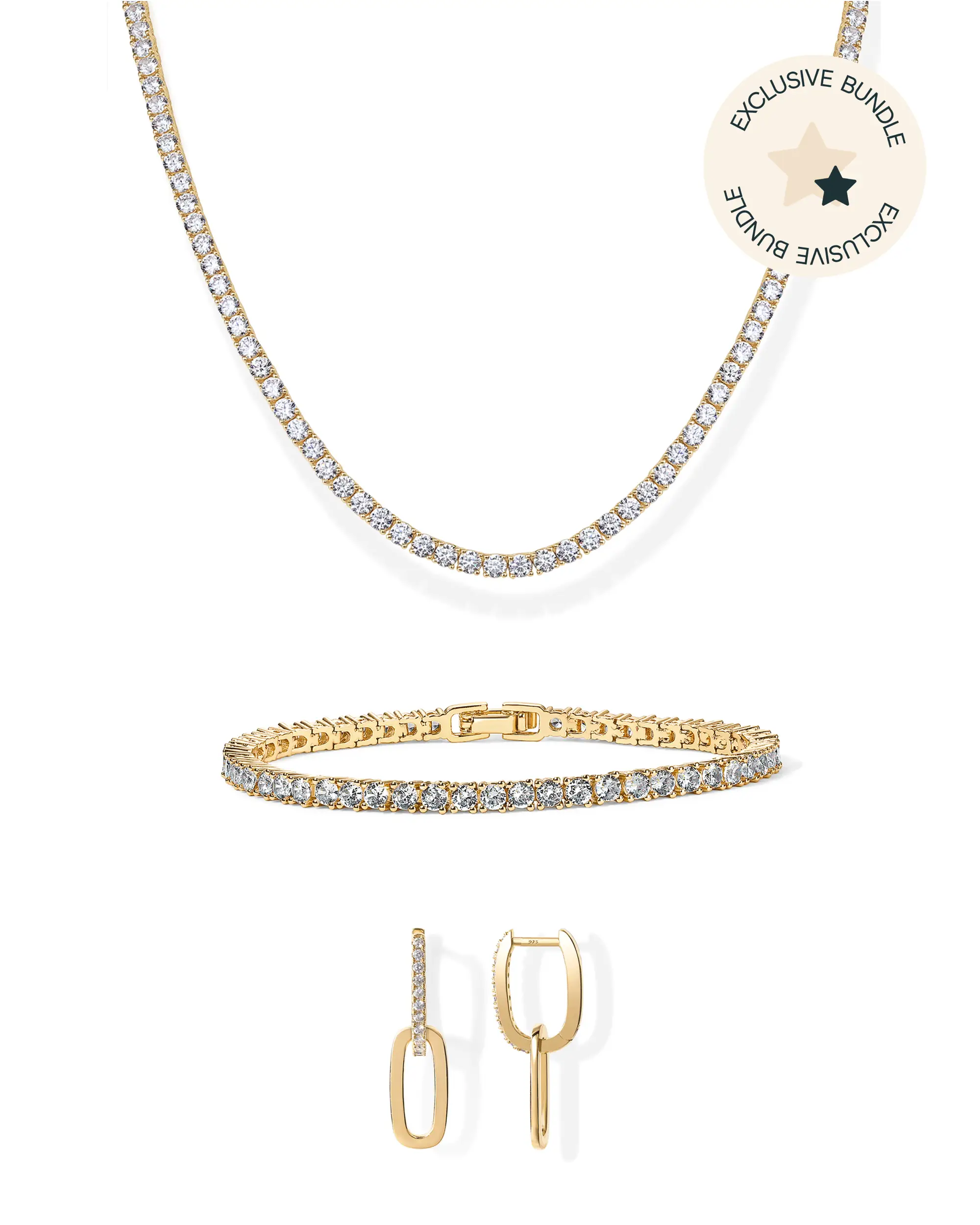 PAVOI 14K Yellow Gold Plated Earrings Bracelet & Necklace Set for Women - Paperclip Earrings & 3mm CZ Tennis Bracelet and Necklace Pack - TikTok Set