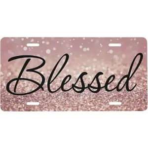 6x12 Pink Rosy Glitter Blessed Christian Front License Plate, Religious Sparkle Aluminum Funny Vanity Tag Cover with 4 Holes, Girly Whimsical Car Accessories for Car, Truck, SUV, Girly Car Accessories