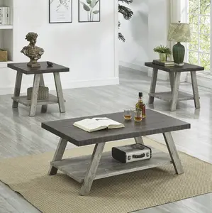 Athens Contemporary 3-Piece Wood Shelf Coffee table'set in Weathered Walnut and Gray