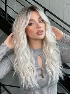 22 Inch Dark Root to Blonde Body Wave Synthetic Wig, Medium Length Curly Hair, Synthetic Wavy Hair, All Seasons, Synthetic Fiber Wigs