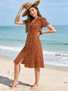 Spicy Coquette Green Ditsy Floral Collared Puff Sleeve Button Front Slit Vacation Mini, Short Dress Vintage French Cottagecore Slit Beach