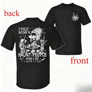 I Fully Intend To Haunt People When I Die I have List Witchy Funny Halloween Messy Bun Skeleton T-Shirt, Trendy Halloween Spooky Season Front Side Graphic Design Unisex Cotton T-shirt for Women for Men Womenswear Menswear Top