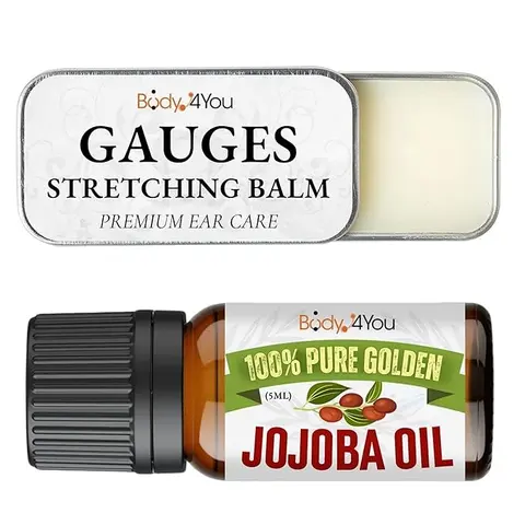 BodyJ4You Ear Stretching Balm and Organic Jojoba Oil Set - Gauge Aftercare for Stretched Lobes, 0.35 oz Tin and 5 ml Dropper