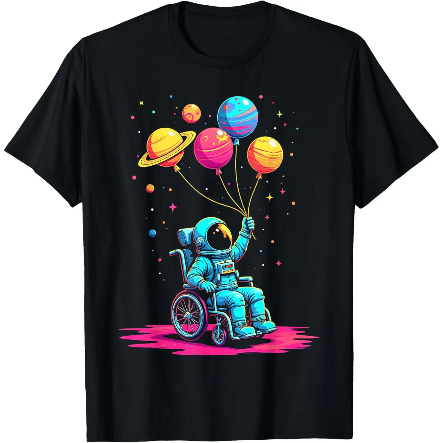 100%cotton Cute Astronaut in Wheelchair Planet Balloons Outer Space T-Shirt