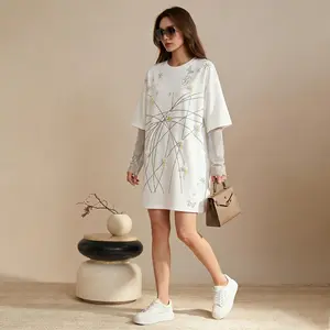 TCH hot diamond white loose casual dress for women, slimming and versatile sleeves, T-shirt skirt, summer