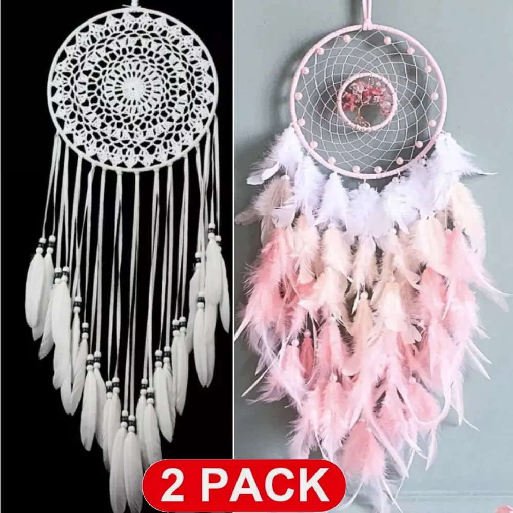 2PCS Dream Catcher Pink Tree of Life with Feathers, Handmade Indians Traditional Circular Net for Wall Hanging Decor, Bedroom Kids, Home Decoration Wedding Party Blessing Gift