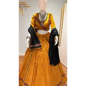 Mustard rayon cotton chaniya choli & black dupatta