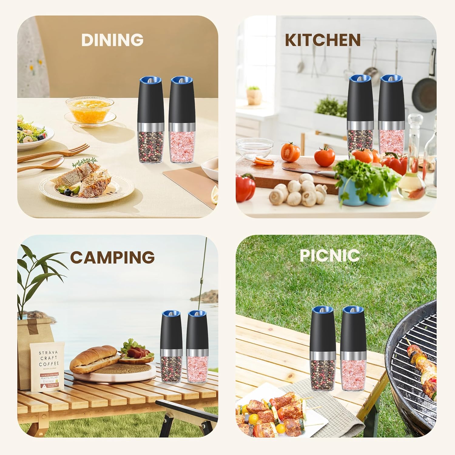 Gravity Automatic Salt And Pepper Grinder Set, Automatic Salt And Pepper Grinder Set, Adjustable Roughness, LED Light, 2 Pack, (Black)