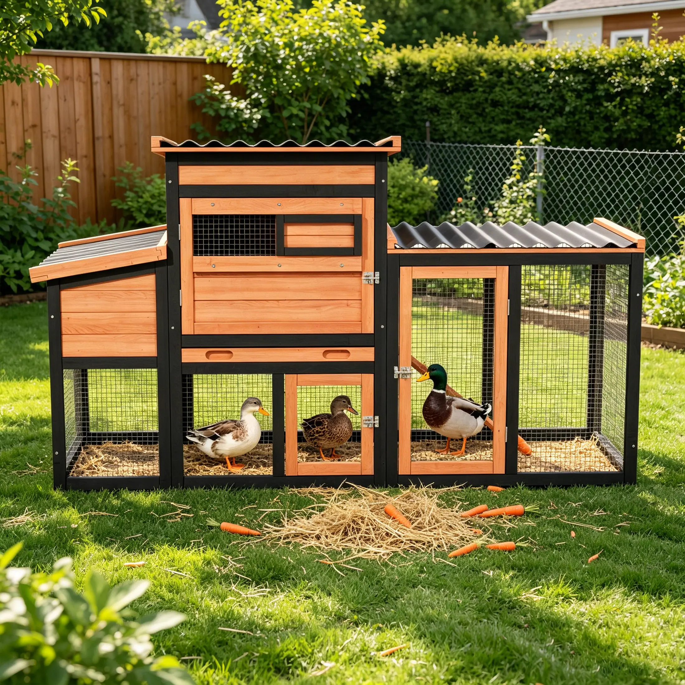 Weatherproof 2-Tier Outdoor Duck Coop, Backyard Duck House with Sliding Windows & Openable Nest Box Roof, Suitable for 4 Ducks, Orange