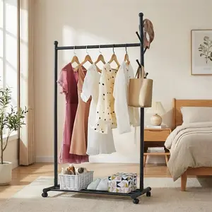 Clothes rack on wheels, sturdy wardrobe rack with a load capacity of up to 55 kg, clothes rail with pole and shelf, easy assembly, multifunctional storage, 86x43x170cm, black
