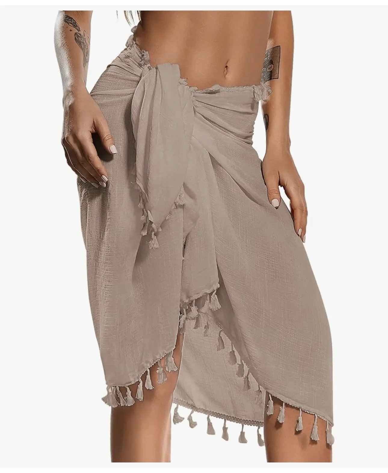 Sarong Pareo Short Skirt with Tassels Coverup In Khaki