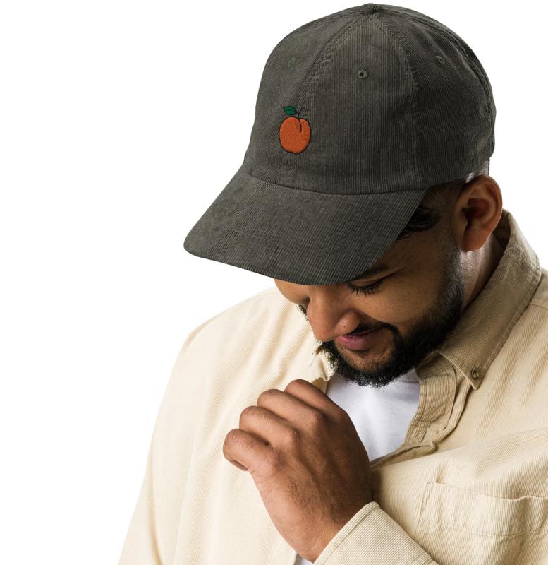 Peachy Keen: Embroidered Corduroy Dad Hat with Orange Peach Icon