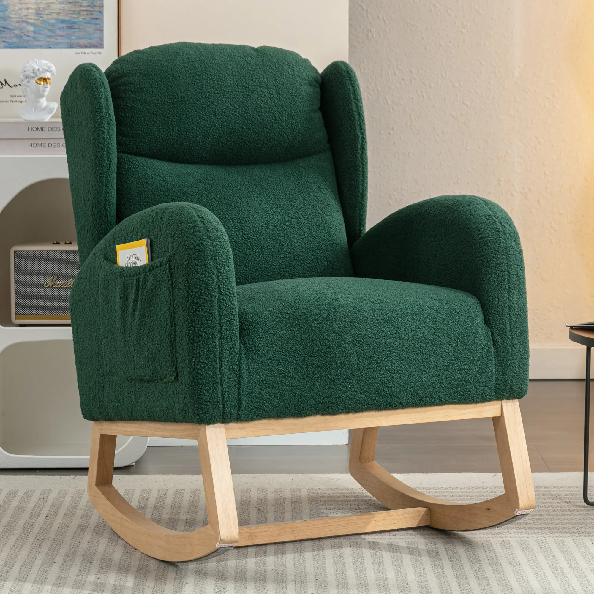 Green Teddy Fleece Glider Rocker Chair with Curved Natural Solid Wood Rocking Legs, Accent Arms, Side Pocket & Easy Setup, Ergonomic Upholstered Relax Armchair for Living Room Bedroom, 300 LBS Capacity