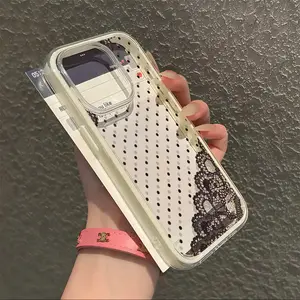 Black lace trim with polka dot pattern, large-hole transparent back, dopamine candy-coloured frame phone case Compatible with iPhone 17 16 Pro Max, 16 15 Pro, 14 Plus, 13, 12 Pro, 11 Pro Max, X, XS Max