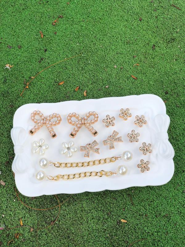 14pcs Elegant Shoe Flower Accessories with Pearl Bow, DIY Removable Shoe Charms for Sandals and Clogs, Rhinestone Shoe Decoration, Perfect Gift for Festivals