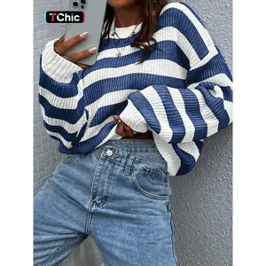 Autumn Winter Striped Loose Fit Long Sleeve Knit Sweater, Vintage Lazy Style Slimming Top, Versatile Casual Pullover for Women