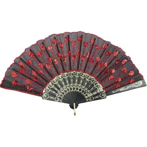 Elegant Colorful Embroidered Flower Peacock Pattern Sequin Fabric Folding Handheld Hand Fan Hand-Crafted (A-Red)