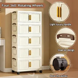 Foldable plastic storage cabinet with doors and wheels, suitable for large-capacity stacked storage in bedrooms, living rooms, and kitchens—high-quality, space-saving design, easy to assemble, transparent doors, magnetic closure