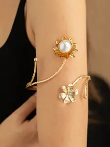 Fashion Floral Pearl Bracelet for Women, European and American Style Open Arm Ring, Rhinestone Open Arm Band, Vacation Jewelry Accessory