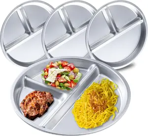 Divided Plate 4 Pack 304 Stainless Steel 8 Inch 3 Section Round Divided Plates Portion Control Plates Partition Plate