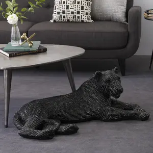 Leopard Resin Laying Floor Decorative Sculpture with Carved Faceted Diamond Exterior 40" x 20" x 15"