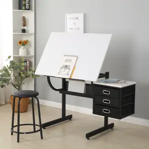 [SOIYELIFE] White adjustable drafting drawing table with stool and 3 drawers