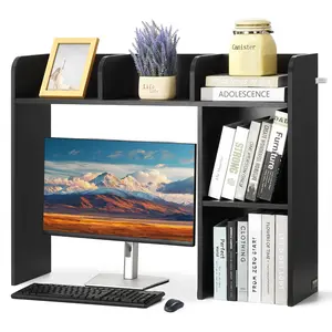 VEVOR Desktop Bookshelf,  2-Tier Desktop Storage Organizer, 37.2" x 9.5" x 28.9" Office Storage Rack Wood Display Shelf, Desktop Bookshelf Hutch with Anti-Slip Feet Pads, for Office, Home & Dorm, Black