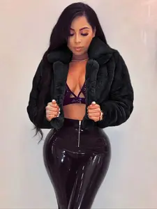 Women's Solid Color Open Front Faux Fur Fitted Jacket Coats, Casual Long Sleeve Collared Fuzzy Outerwear for Fall & Winter, Women's Clothing Womenswear for Daily Wear