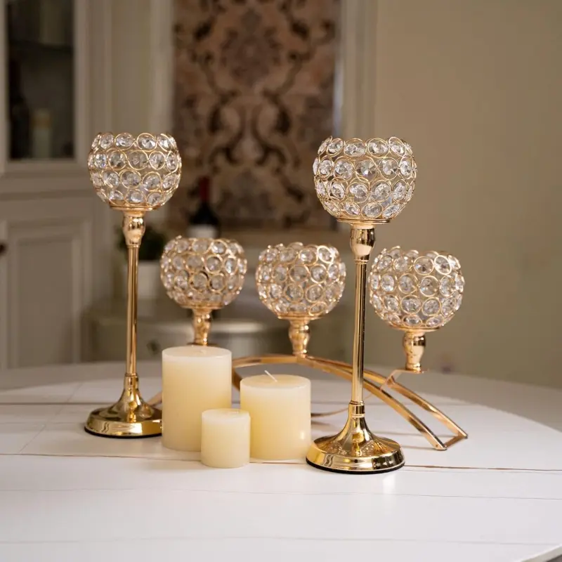 VINCIGANT Gold Crystal Candle Tealight Holders Candelabra, Wedding Table Centerpiece Decor for Living Room & Housewarming Gifts