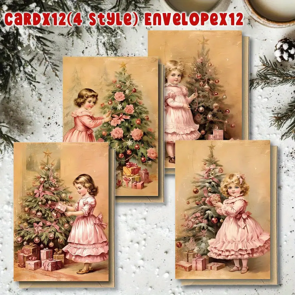 24pcs Vintage Christmas Cards Set with Envelopes - Retro Victorian - Pastel Pink