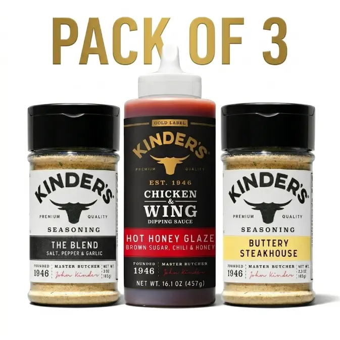 Pack of 3 Kinders Buttery Steakhouse 2.3 oz, The Blend 3 oz & Hot Honey Glaze 16.1 oz