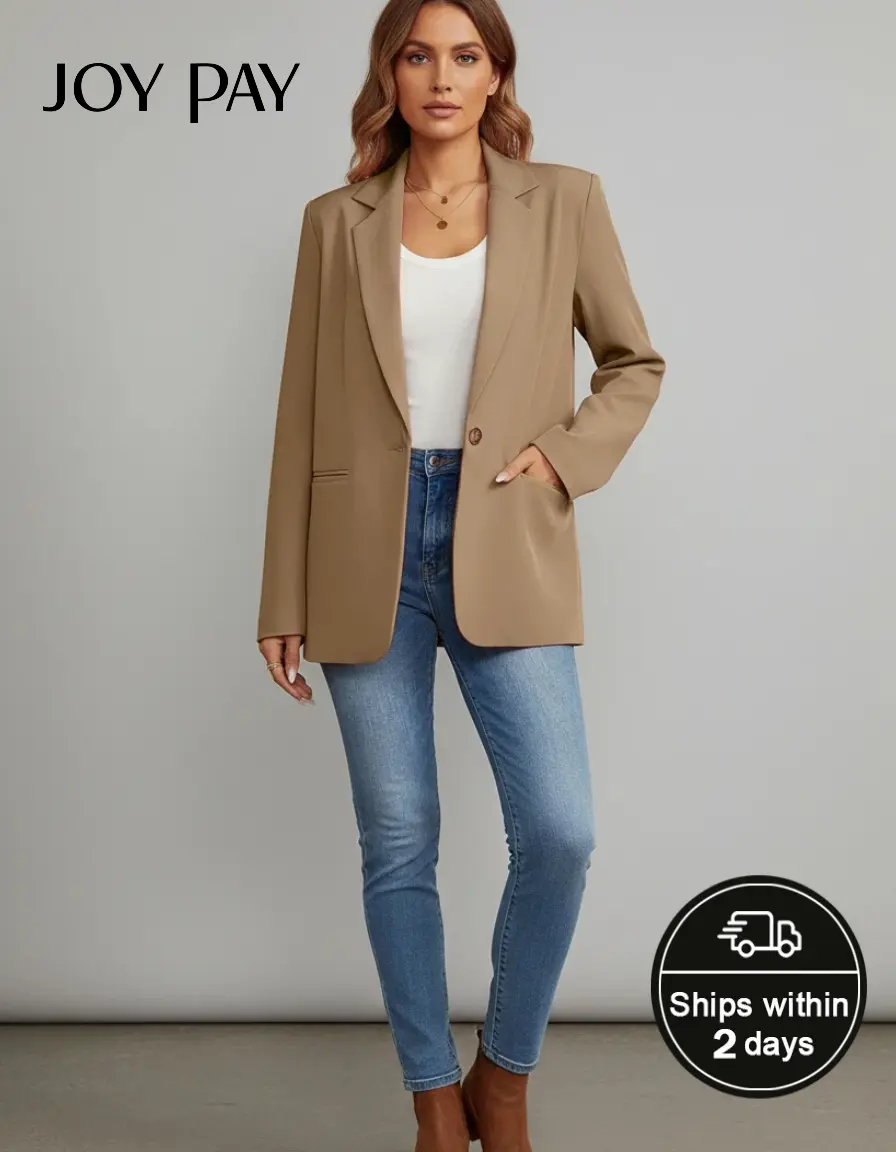 JOYPAY Women's Plus Size Plain Chic Polyester Blazer - Long Sleeve, V-Neck, 1-Button, Tailored for Curves Jacket with Pockets, Soft Breathable, Comfortable Fit for Business, Smart Casual, 1XL, Cold Wash