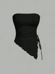 Strapless Top with Side Tie Hem, Irregular Bottom, Slim-Fitting Y2K Style, Solid Pattern, Spring & Fall Fashion, Trend