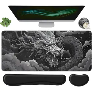 4pcs Mythical Ink Dragon Black White Clouds Design Mouse Pad Set, Mouse Pad with Keyboard Wrist Rest & Coaster, Ergonomic Wrist Support, Computer Mat Mouse Pad Coaster Suitable for Home Office Gaming